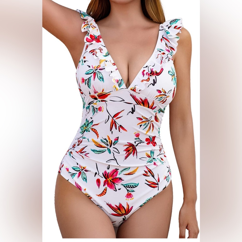 NWT! Women's Cocopear RUFFLED FLORAL SWIMSUIT Sz S One Piece V-neck Floral